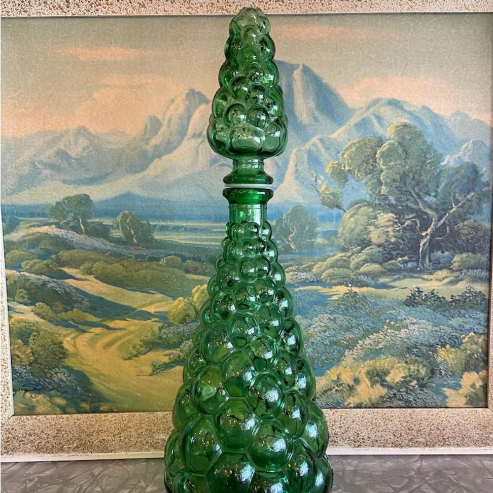 Vintage decanter green bubble glass empoli mcm art glass bottle